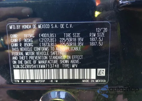 2021 Honda Hr-V 2Wd Sport z USA, uszkodzony, nr VIN 3CZRU5H1XMM713748